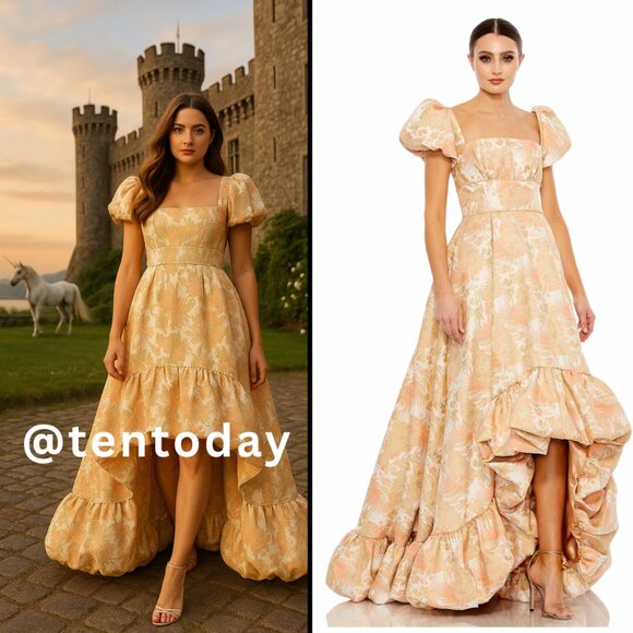 Mac Duggal Dresses & Skirts - Mac Duggal Size 8 Peach Gold Floral Brocade Ruffled Bubble Hem Gown Maxi Dress